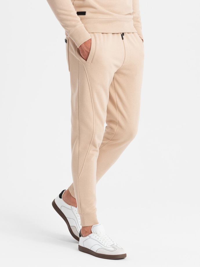 Komplet dresowy męski bawełniany BASIC bluza nierozpinana + joggery – beżowy V6 Z84