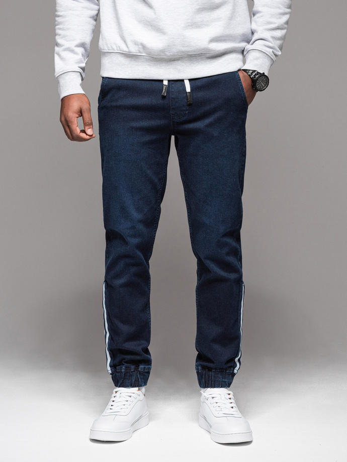Męskie jeansowe joggery z lampasami – ciemnoniebieskie V4 OM-PADJ-0156