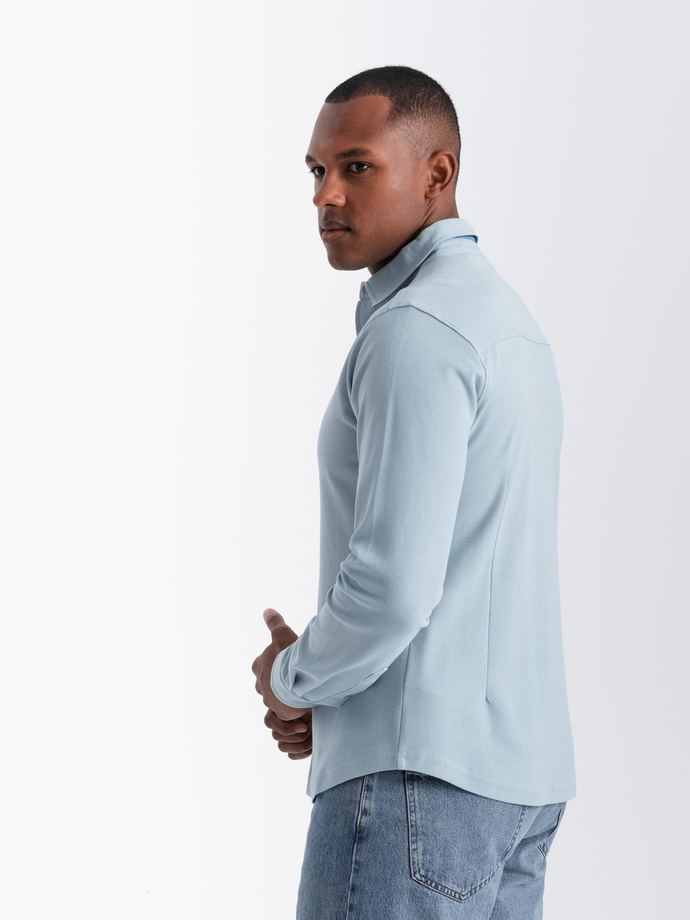 Męska dzianinowa koszula SLIM FIT z długim rękawem – błękitna V3 OM-SHCS-0177