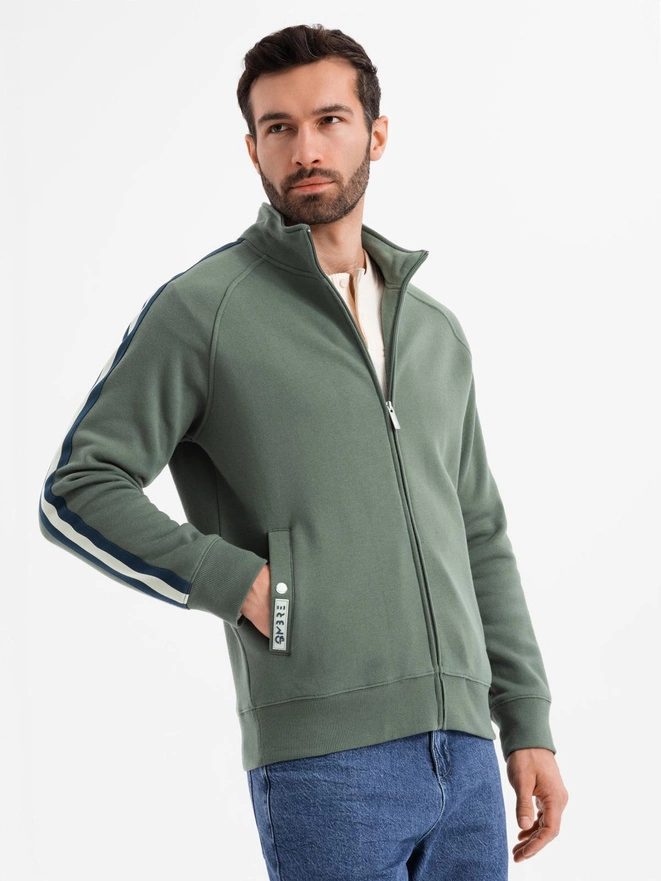 Men's sweatshirt with high collar and stripes - olive V2 OM-SSZP-0219