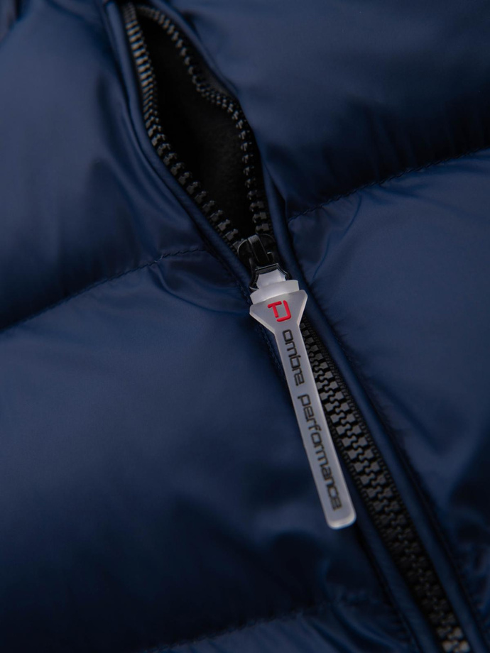 Modern men's quilted jacket of combined materials - navy blue V2 OM-JAHP-0303