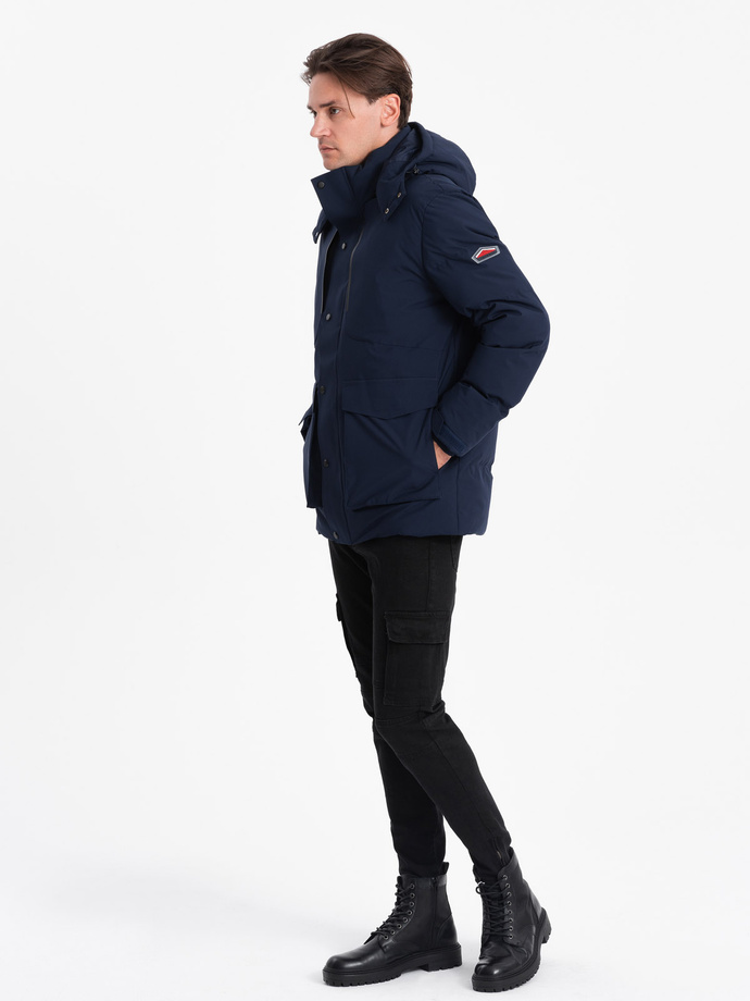 Men's winter jacket with detachable hood and cargo pockets - navy blue V1 OM-JAHP-0152