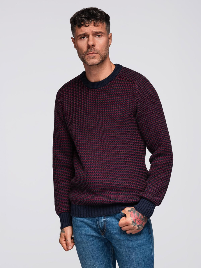 Men's contrast weave sweater with round neckline - maroon V1 OM-SWSW-0122