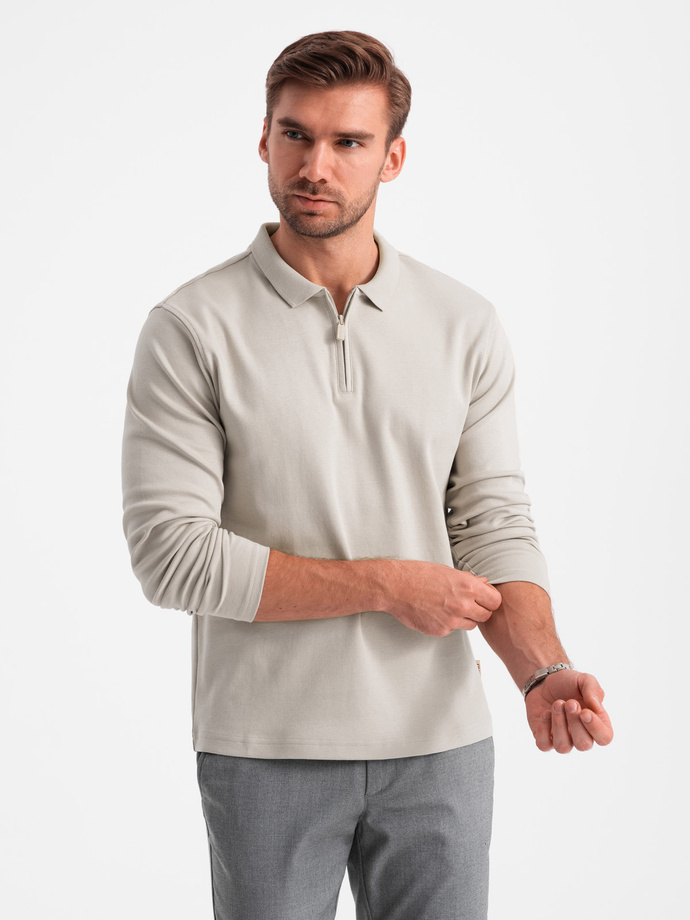 Longsleeve męski z zapinanym na zamek kołnierzykiem polo – popielaty V2 OM-POLS-0130