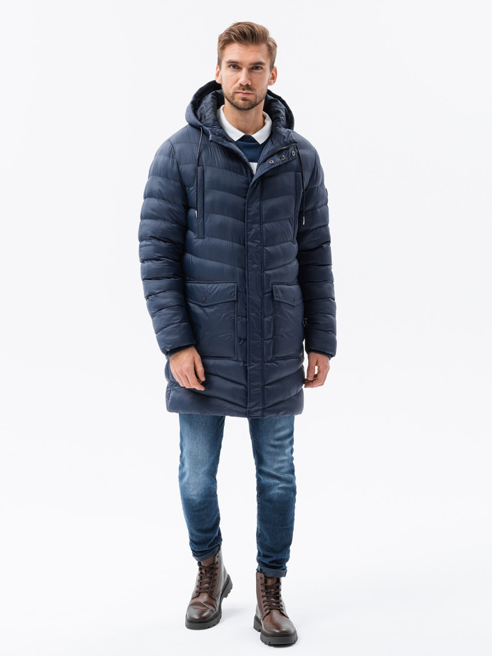 Men's winter parka quilted jacket - navy blue V2 OM-JALJ-0100