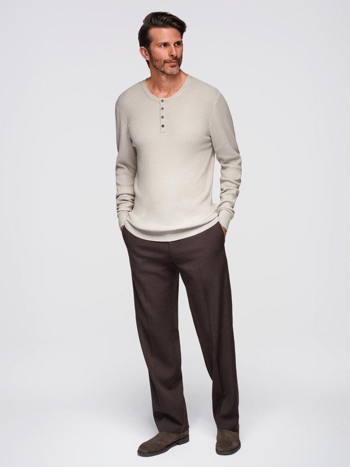 Men's ribbed sweater with buttons at the neckline - beige V3 OM-SWSW-0182