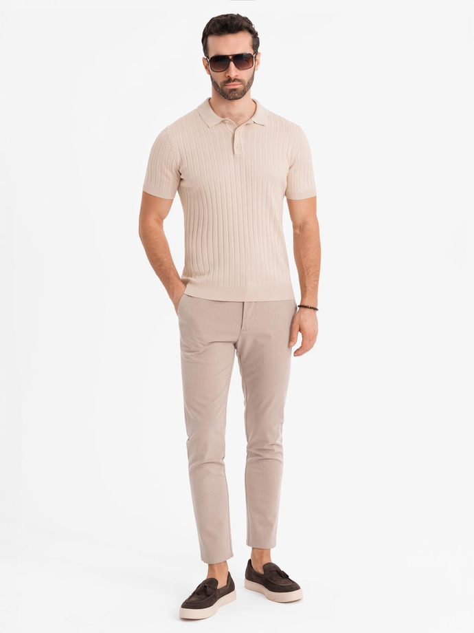 Męska koszulka polo z wiskozą SLIM FIT w pionowy prążek – beżowa V2 OM-POSS-0143