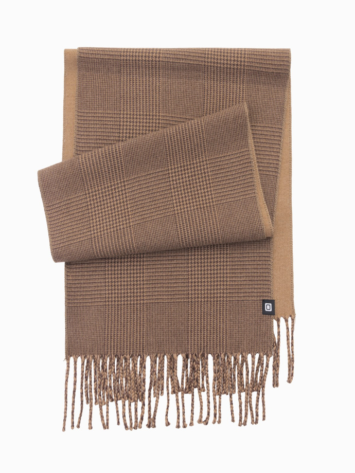 Double-sided men's checkered scarf with tassels - brown and beige V2 OM-ACSF-0118