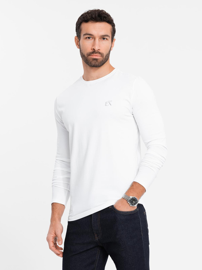 Męski longsleeve SLIM FIT z elastanem i printem – biały V2 OM-LSBC-0124