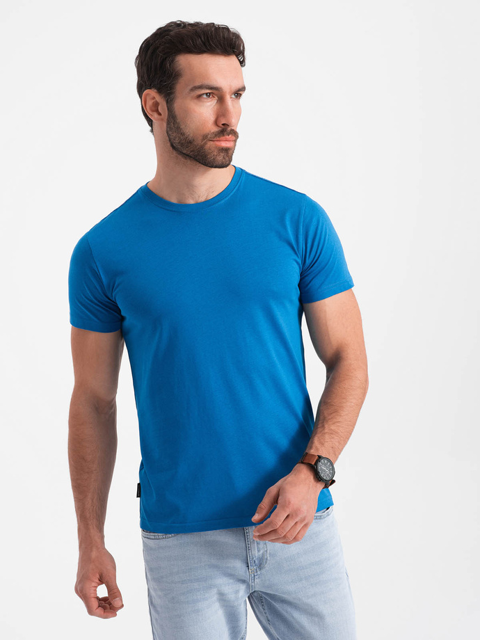 Męski klasyczny bawełniany T-shirt BASIC - niebieski V12 OM-TSBS-0146