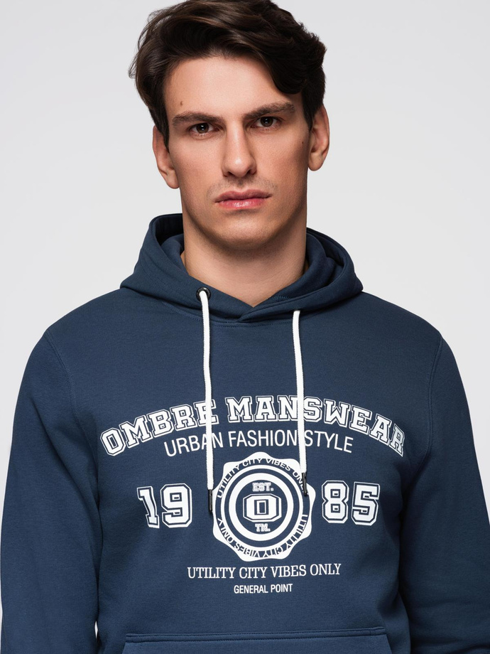 Men's sports hoodie with large print - navy blue V2 B1714