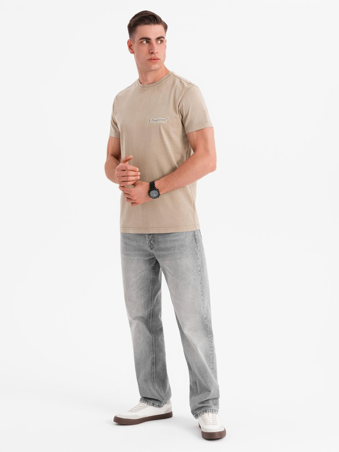 Cotton T-shirt with print on chest and back - dark beige V2 OM-TSWT-0201