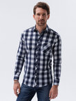 Koszula męska w kratę z długim rękawem - granatowa K282