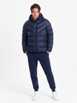 Men's winter quilted jacket of combined materials - navy blue V2 OM-JAHP-0145