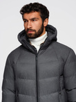 Men's long quilted jacket with hood - grey V2 OM-JALJ-0264