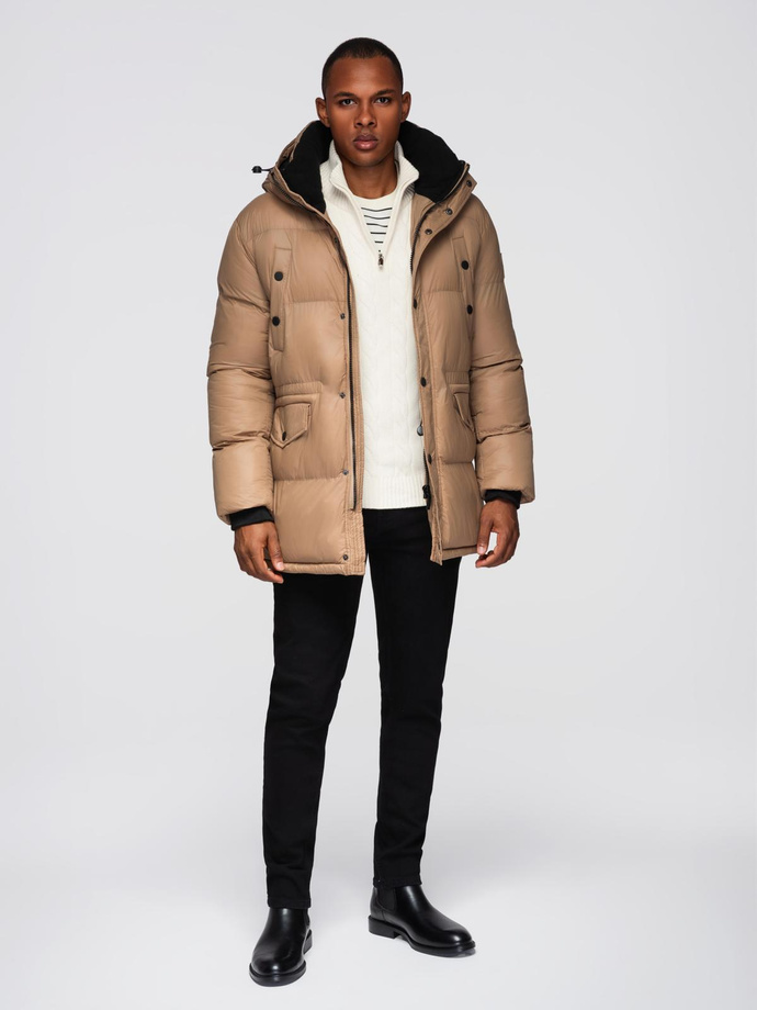 Men's long puffer jacket with snap pockets - brown V2 OM-JALJ-0186