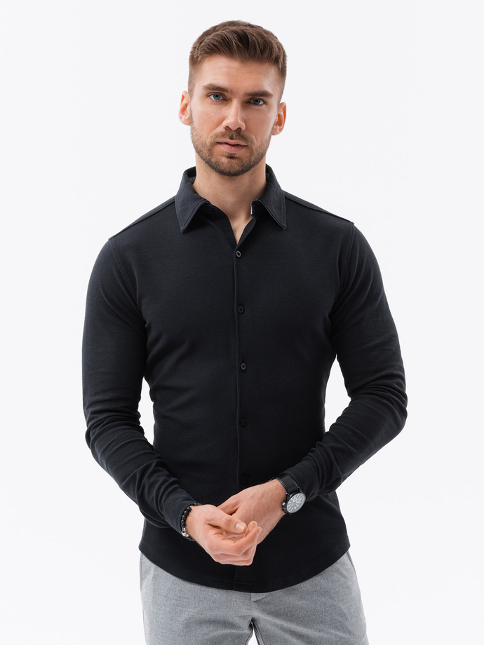 Koszula dzianinowa męska SLIM FIT z długim rękawem – czarna V4 OM-SHCS-0177