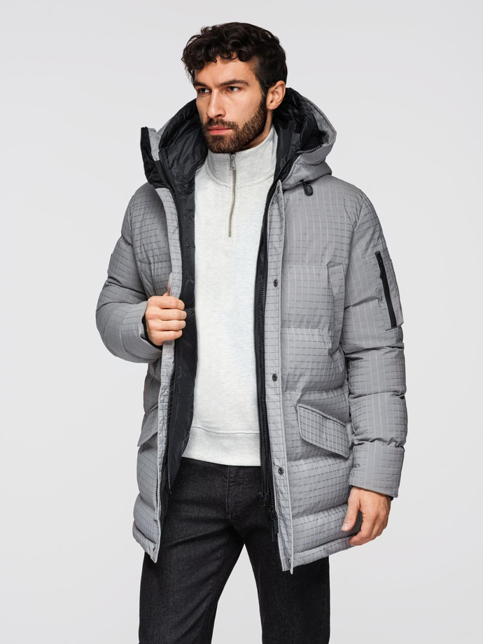 Długa męska kurtka parka ze strukturalnej tkaniny – szara V2 OM-JALJ-0201