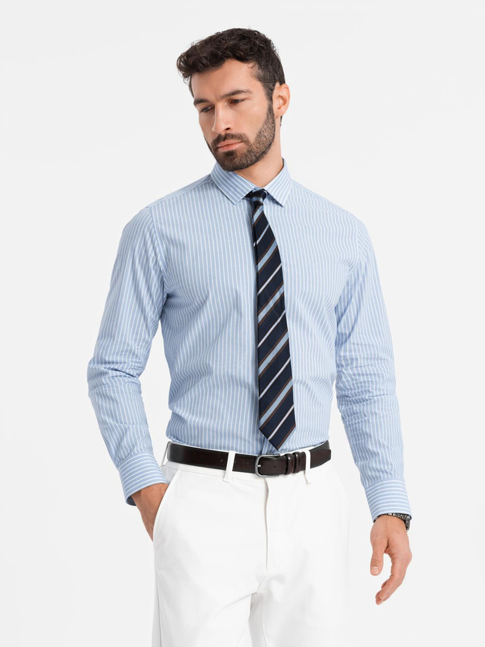 Men's REGULAR FIT cotton shirt with vertical stripes - blue and white OM-SHOS-0155