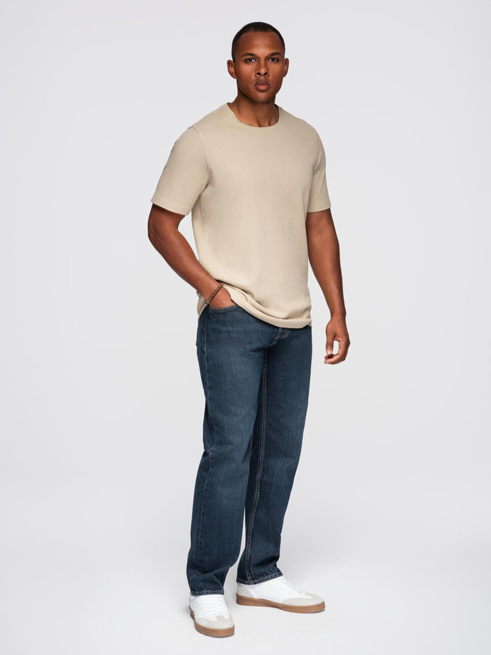 Men's waffle-textured T-shirt with round neckline - sand V2 OM-TSCT-0197