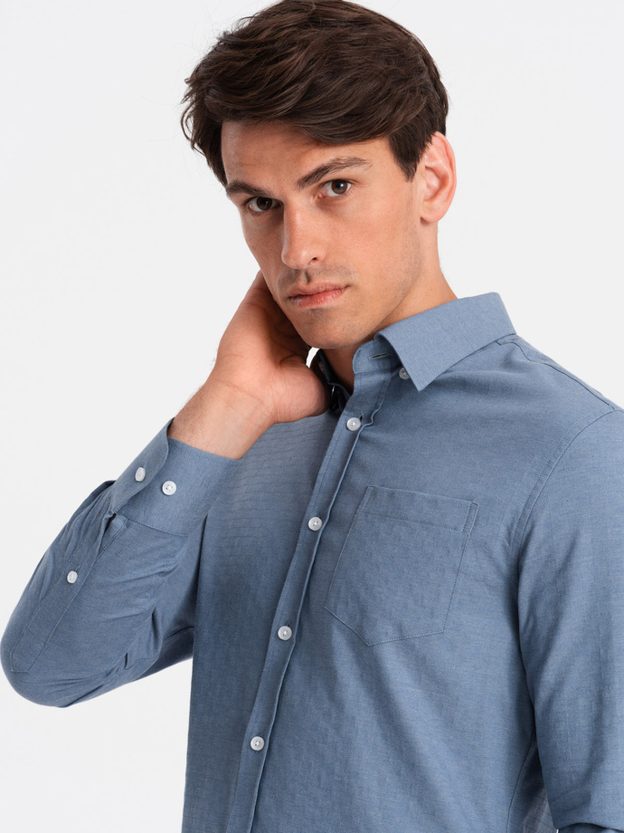 Men's SLIM FIT shirt in decorative fabric with pocket - blue OM-SHCS-0174