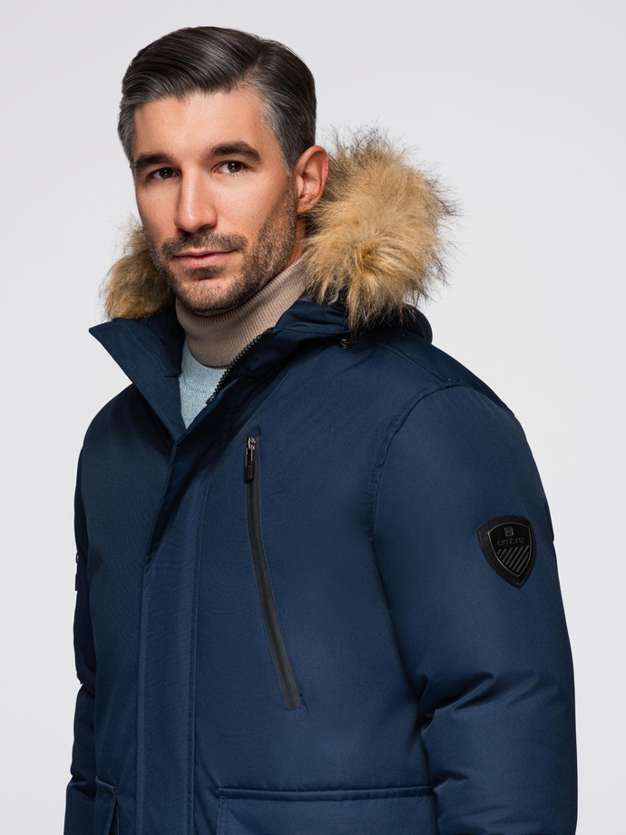 Alaskan men's winter jacket with detachable fur from the hood - navy blue V1 OM-JALJ-0148