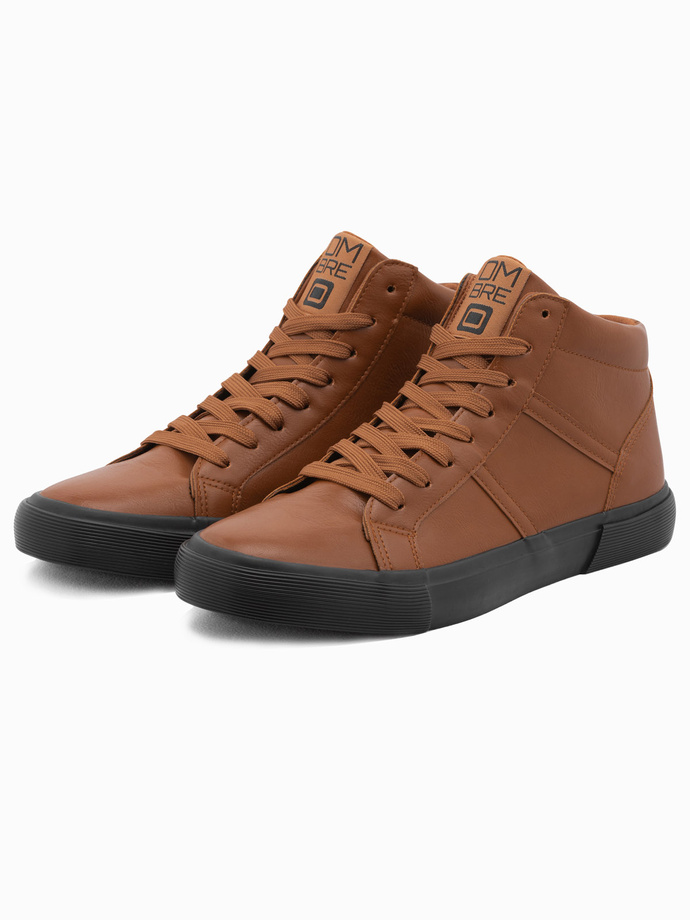 Buty męskie sneakersy za kostkę z kontrastową podeszwą - camel V5 OM-FOTH-0124