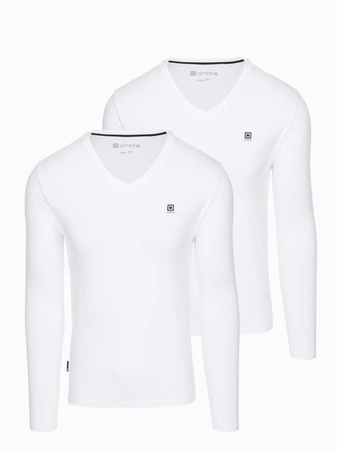 Komplet męskich longsleeve'ów SLIM FIT z dekoltem typu V i logotypem 2-pak – 2x biały V4 Z103