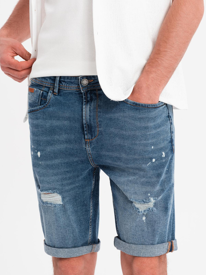 Men's short denim shorts with rubbing and rolled up leg - blue V2 OM-SRDS-0186