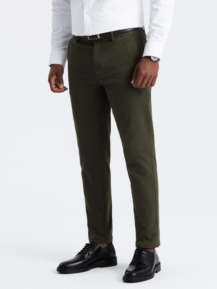 Men's SLIM FIT chino pants with fine texture - dark olive green V4 OM-PACP-0190