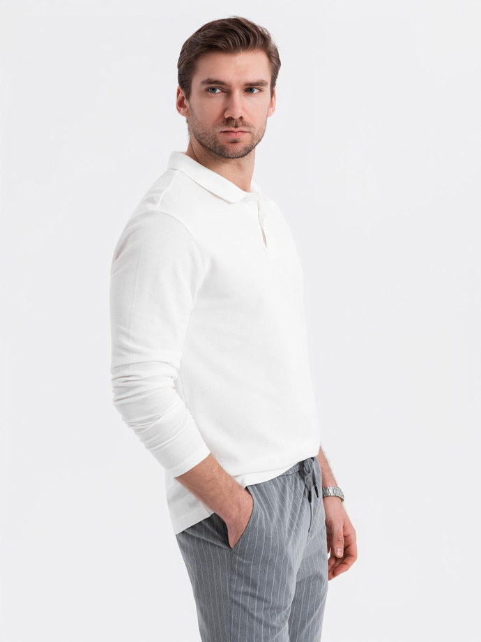 Longsleeve męski BASIC z kołnierzykiem polo – biały V1 OM-POBL-0114