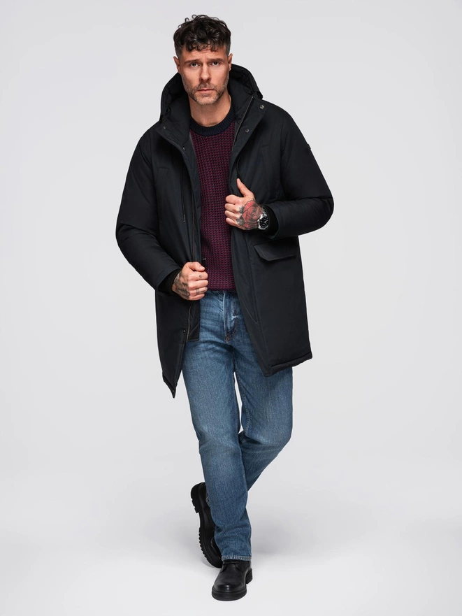 Classic long men's parka jacket - black V6 OM-JAPJ-0313