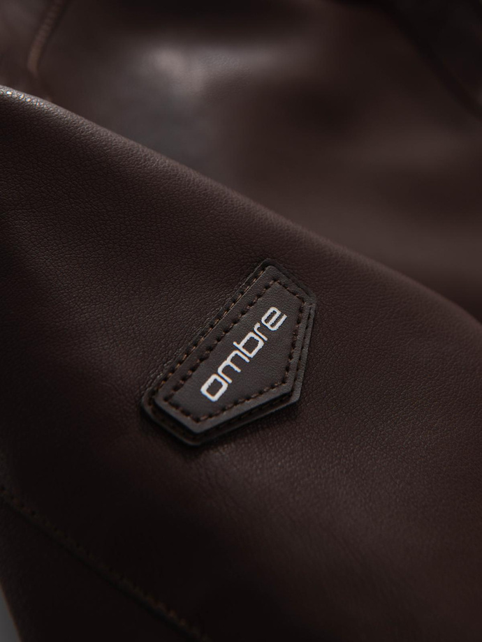 Kurtka męska z imitacji skóry ze stójką - ciemnobrązowa V1 OM-JAFL-0109