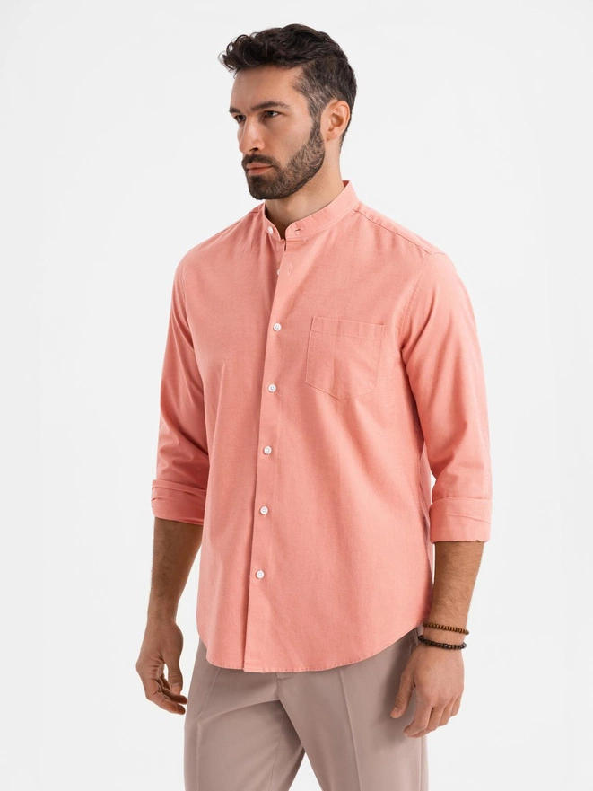 Men's linen shirt with stand-up collar and pocket REGULAR FIT - pink V1 OM-SHCS-0161