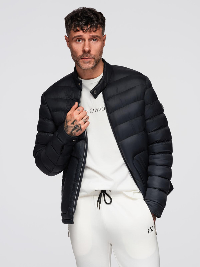 Men's imitation leather jacket with ribbed hem - dark brown V1 OM-JAFL-0109