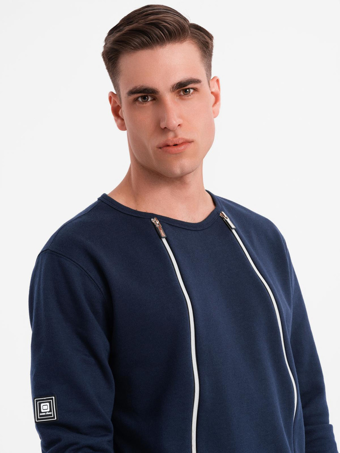 Men's sweatshirt with decorative zips on the front - navy blue V2 OM-SSNZ-0187