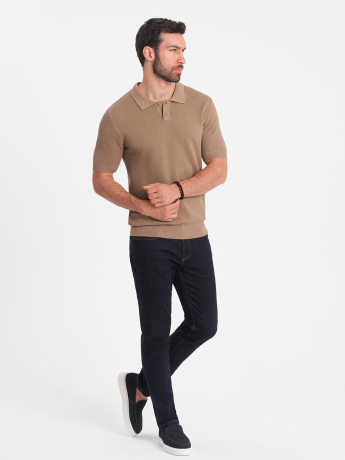 Men's cotton structured knit polo shirt - light brown V3 OM-POSS-0117