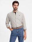 Men's cotton REGULAR FIT shirt with fine stripes - beige V1 OM-SHOS-0170