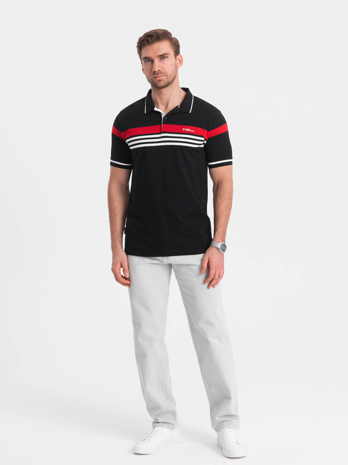 Dopasowana męska koszulka polo z dwukolorowymi pasami – czarna V2 OM-POSS-0127