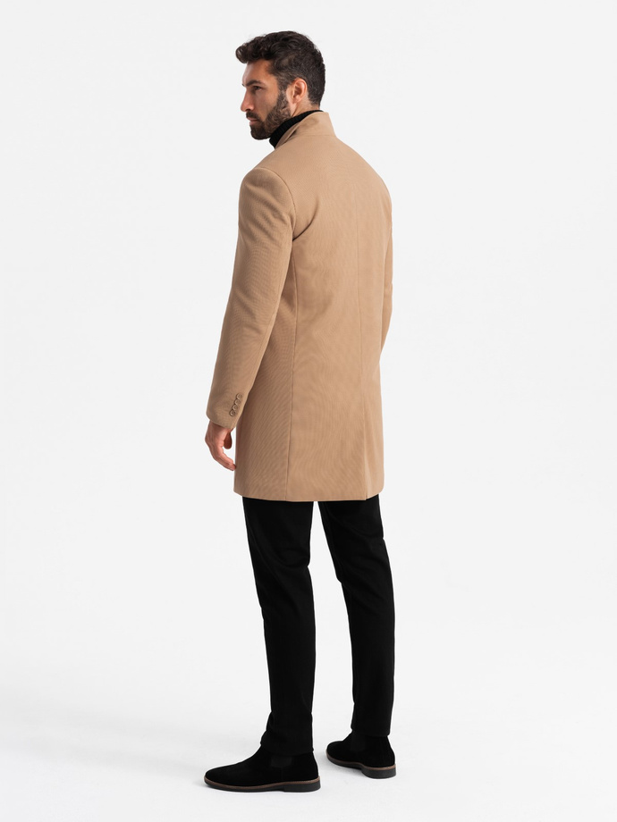 Structured fitted coat for men with high collar - light brown V4 OM-COWC-0117