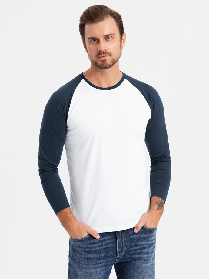 Men's longsleeve with contrast raglan sleeves - white and navy V1 OM-LSCL-0105