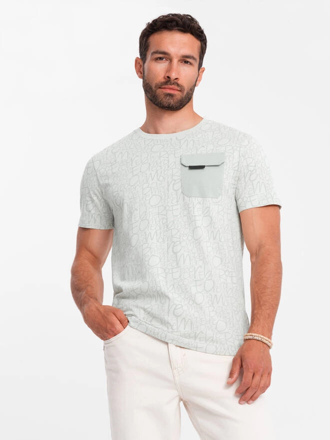 Bawełniany męski t-shirt z literowym printem i kieszonką – żółto-zielony V4 OM-TSFP-0188