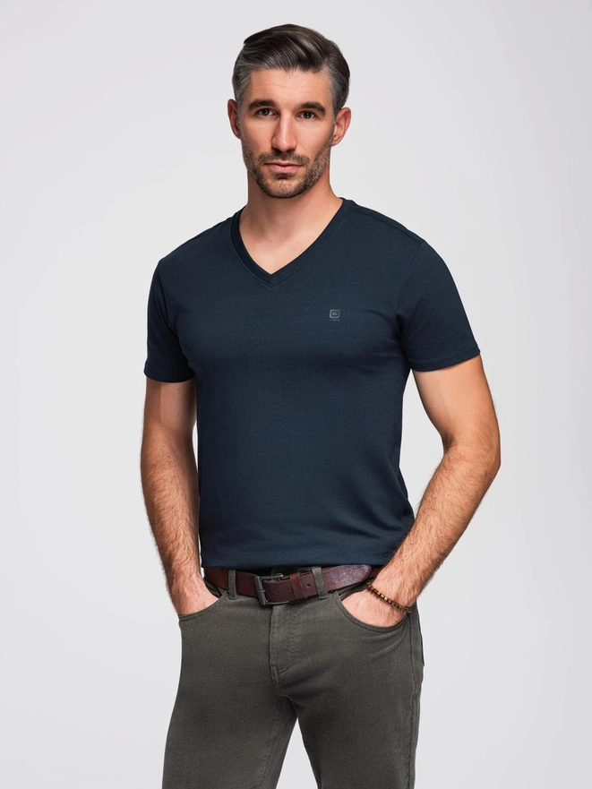 Men's V-NECK T-shirt with elastane - navy blue V2 OM-TSCT-0106