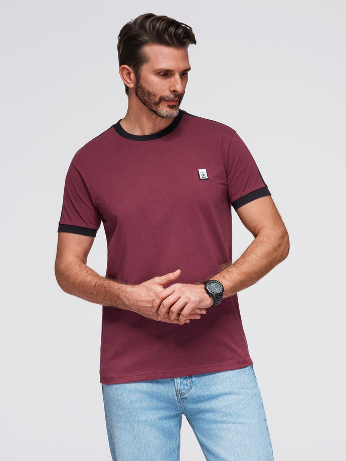 Men's T-shirt with contrasting stripes - maroon V2 OM-TSCT-0115