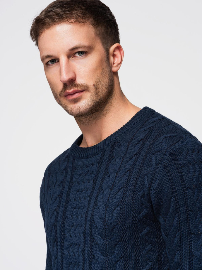 Men's elegant sweater with interesting weave - navy blue V5 OM-SWSW-0173