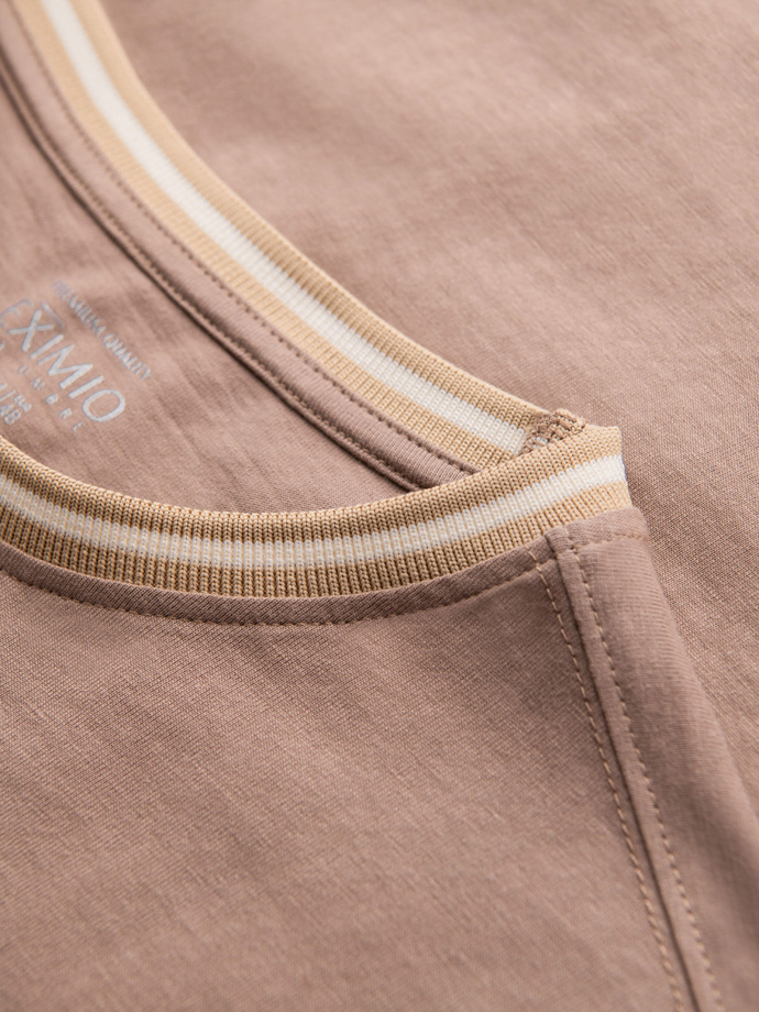 Men's cotton longsleeve with striped U neckline and embroidery - brown V6 OM-LSCL-0128