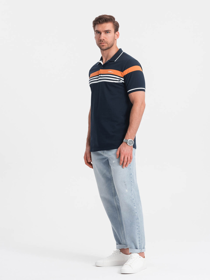 Fitted men's polo shirt with two-tone stripes - navy blue V1 OM-POSS-0127