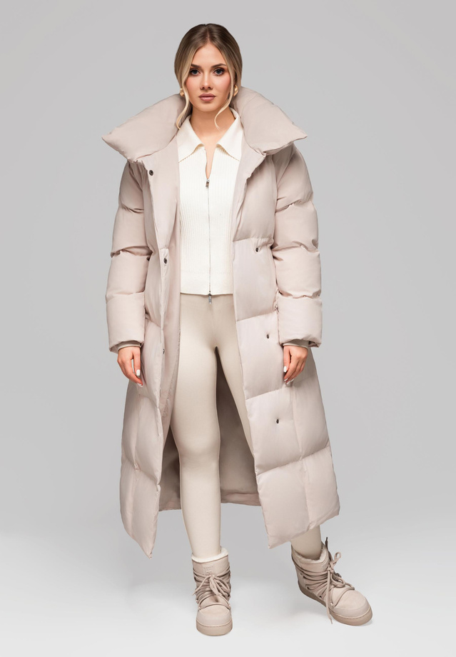 Women's quilted long jacket with belt OW-JALJ-0104 v2 - beige