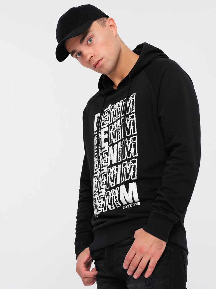 Men's unlined kangaroo sweatshirt with hood and print - black V1 OM-SSPS-0158