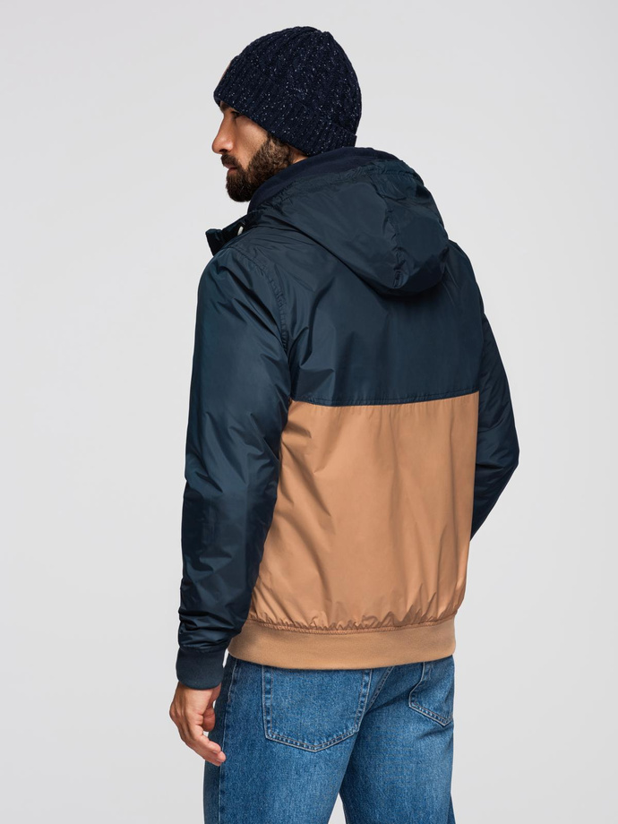 Lightweight colorful men's sports jacket with fleece - brown and navy blue V1 OM-JANP-0194